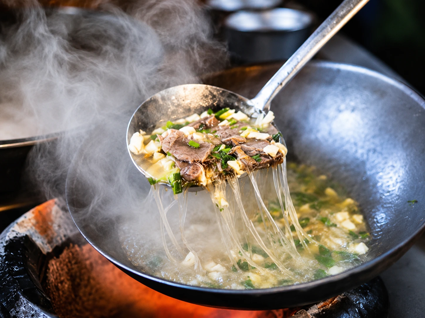 Hand-torn pieces of flatbread simmering in a rich lamb broth with glass noodles and sliced meat