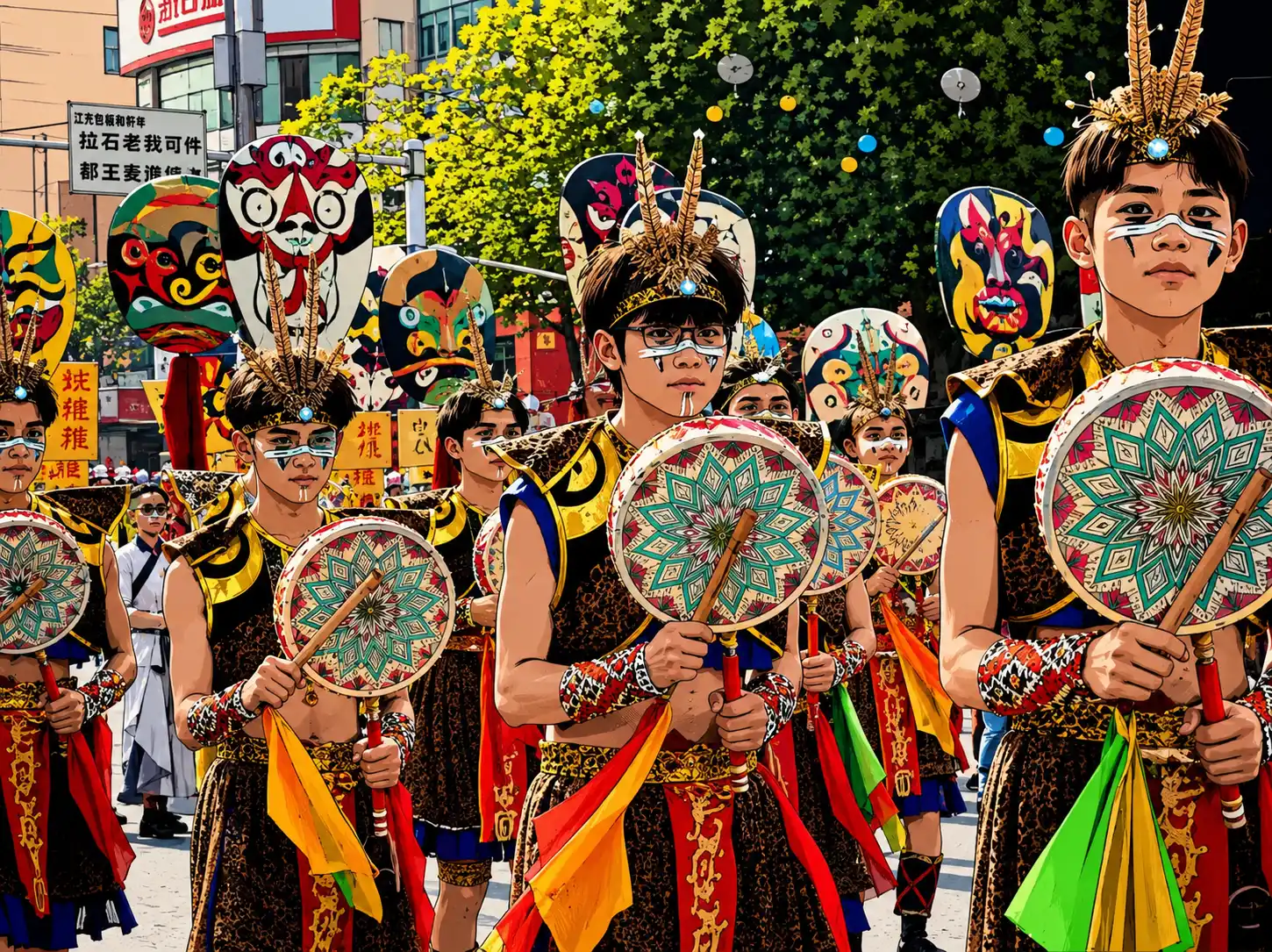 Parade team in distinctive ethnic costumes and makeup