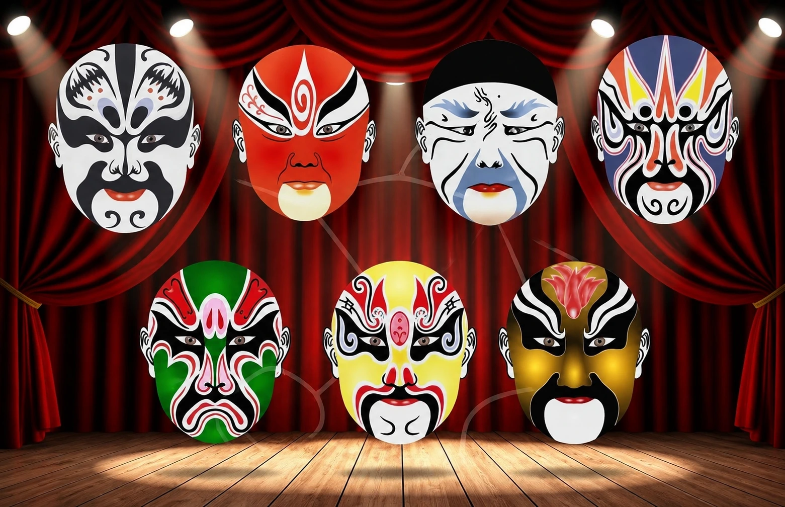 A collection of painted Peking opera facial masks in vivid red, black, and white patterns