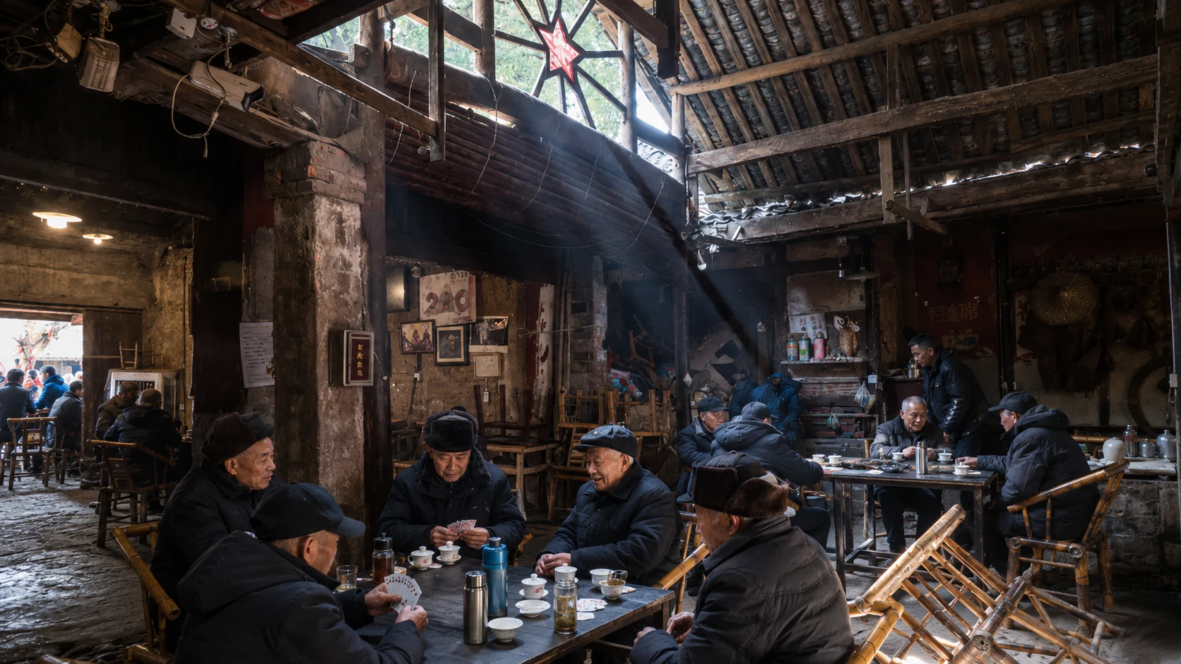 An elderly man rests with tea inside Pengzhen's weathered teahouse