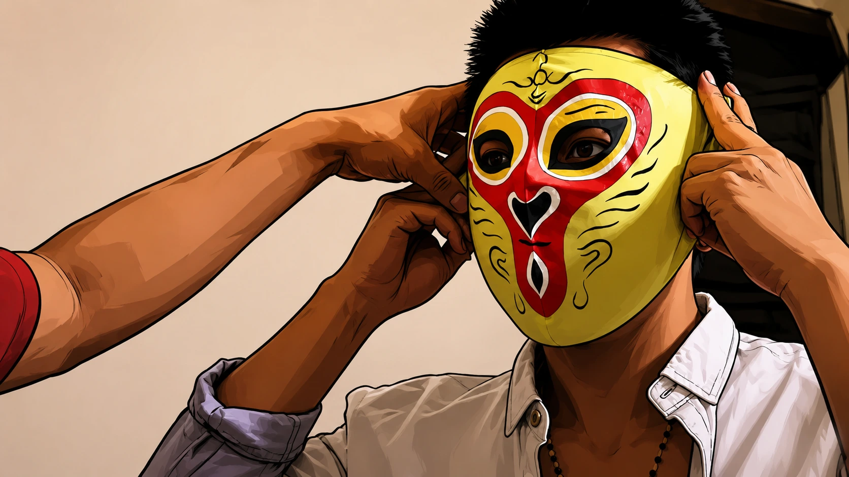A performer fitting a painted mask over his face backstage before a Sichuan opera show