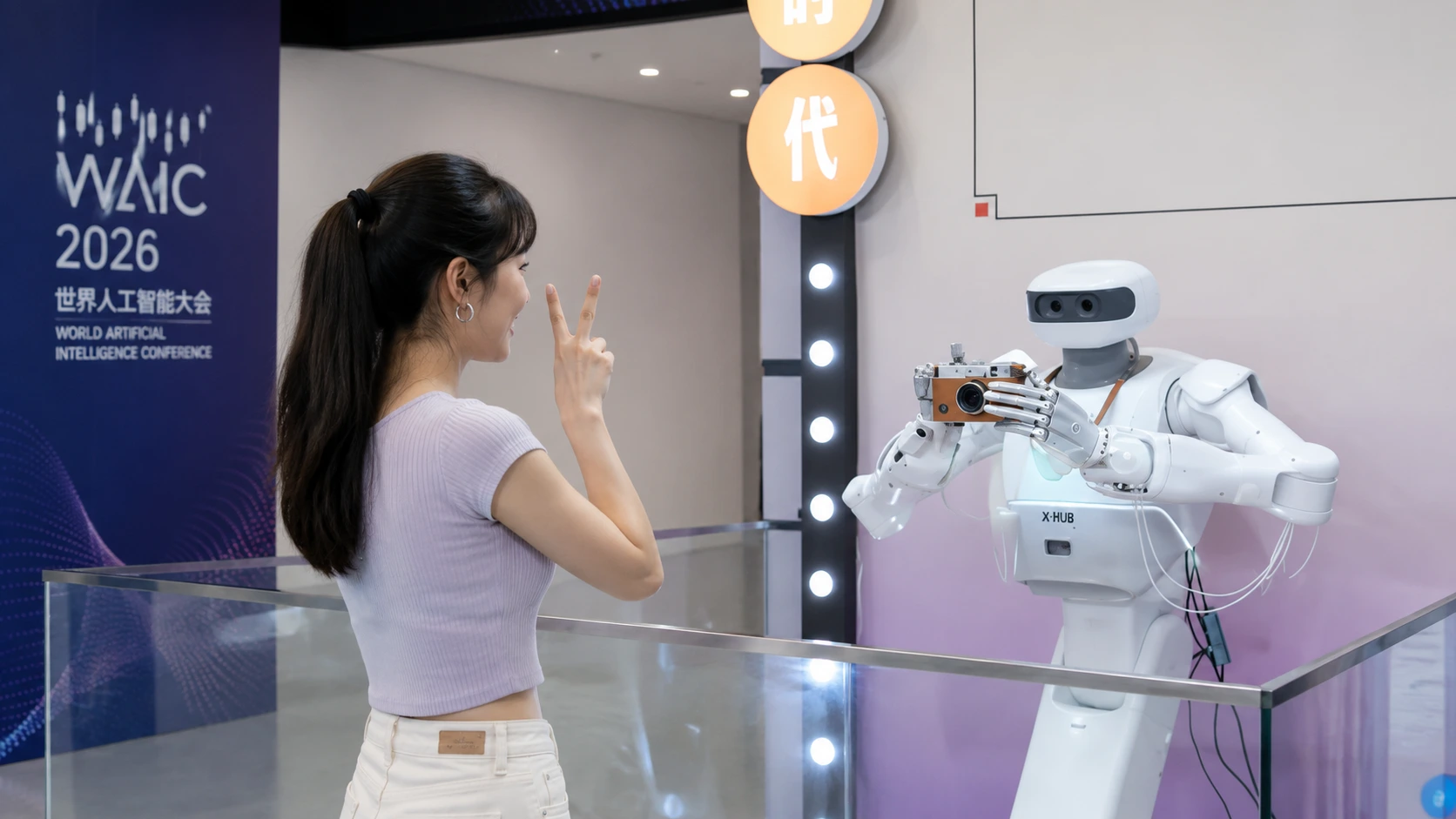A humanoid photo robot photographs a smiling visitor at an exhibition
