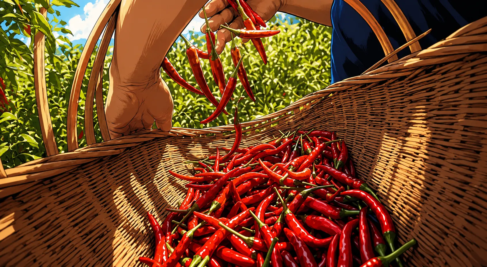 Workers picking fresh chili peppers as raw materials for hot pot base.