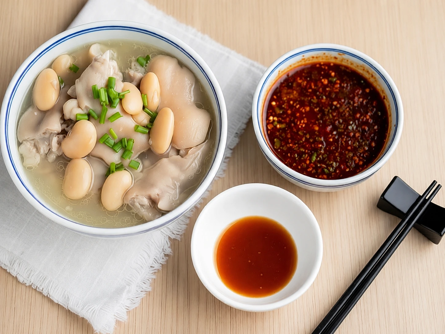 A bowl of milky pork hock soup with soft white kidney beans and tender meat falling off the bone