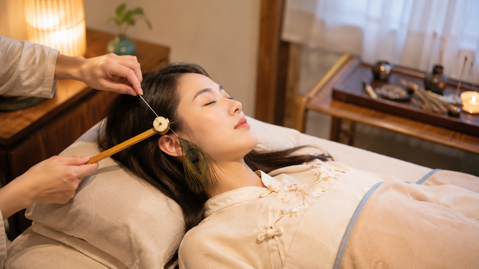 A customer reclines while a practitioner performs ear cleaning in a calm Chengdu setting
