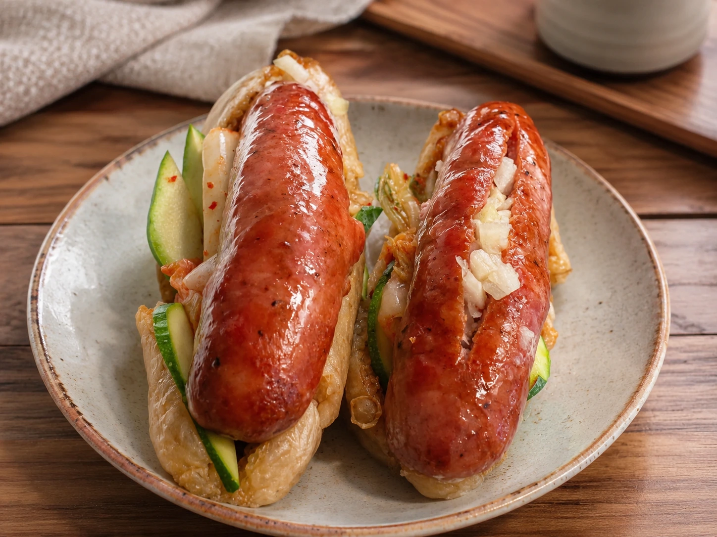A sticky rice sausage wrap with contrasting textures