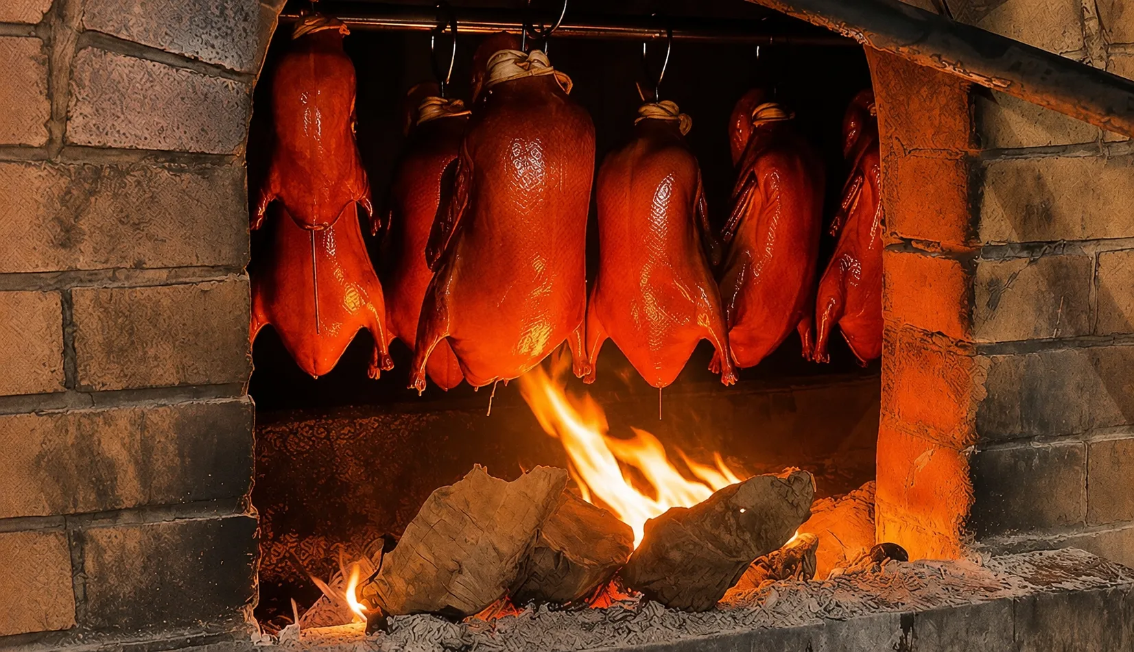 Whole ducks hanging inside a cylindrical brick oven over an open flame