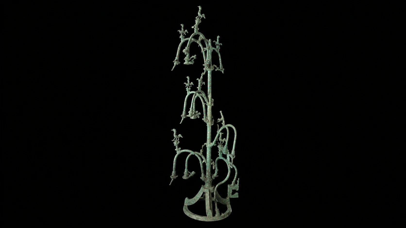 The famous bronze sacred tree from Sanxingdui, with intricate branches, birds, and floral motifs