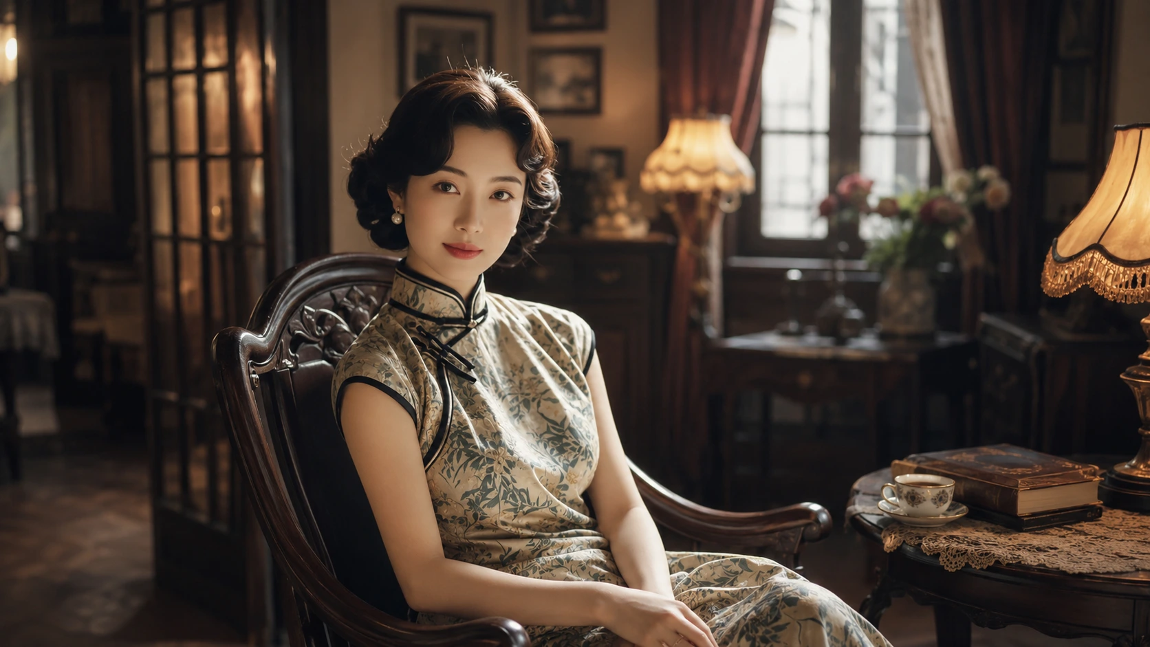 A Shanghai cheongsam tailor shop with silk fabric, chalk marks, and a fitted qipao on display