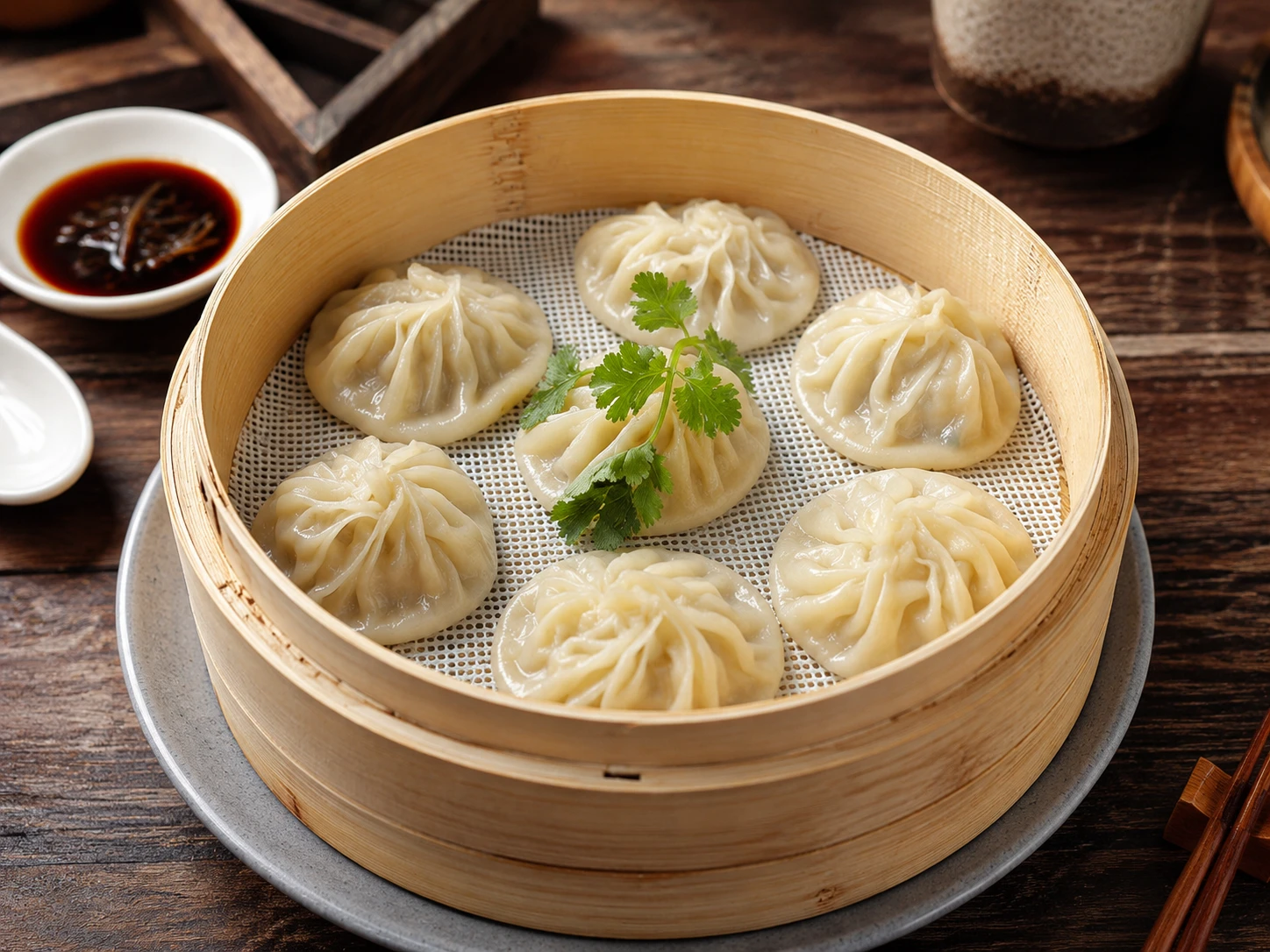 A bamboo steamer basket opens to reveal six translucent xiaolongbao, steam rising into the morning light