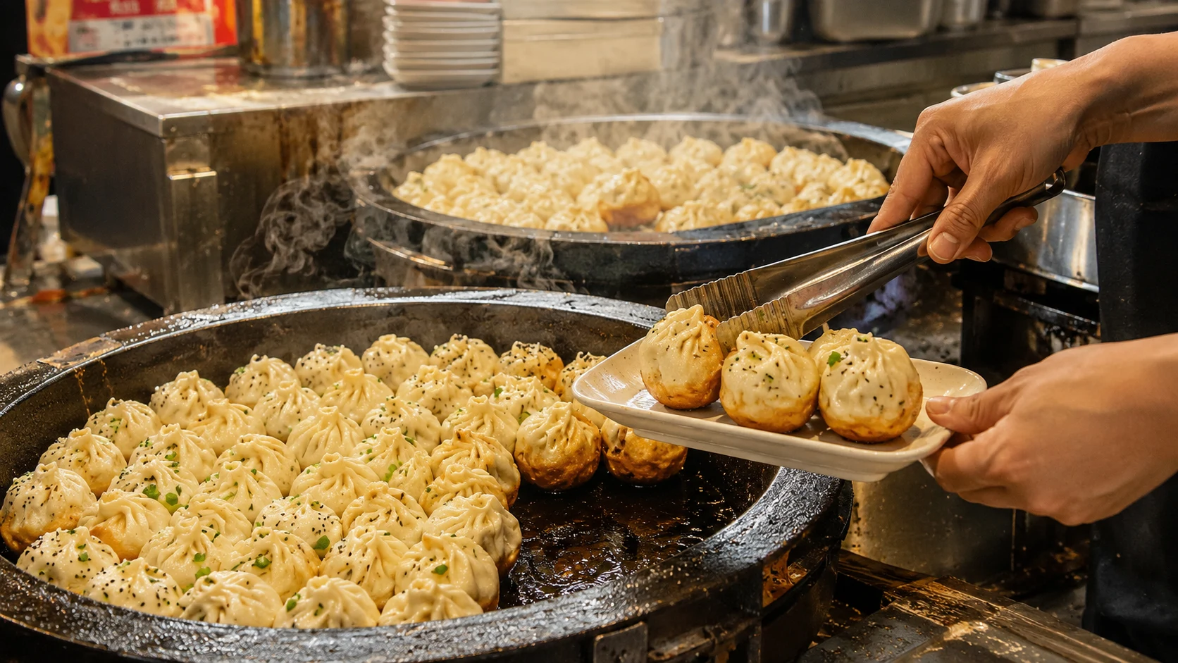 Pan-fried shengjian bao next to xiaolongbao at a Shanghai shop