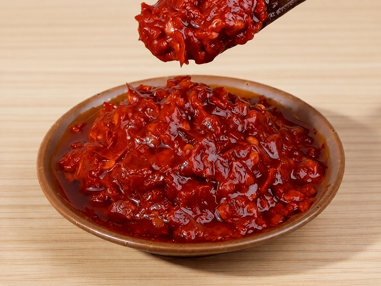 A close-up of dark red Sichuan doubanjiang chili bean paste on a wooden spoon