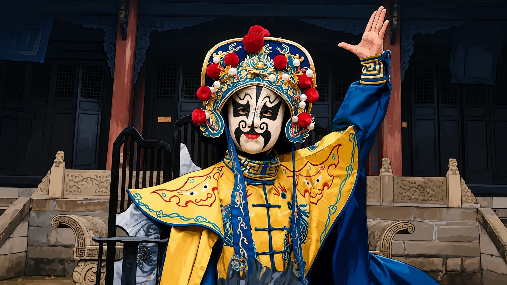 A Sichuan opera performer in elaborate costume and painted mask on a dimly lit stage