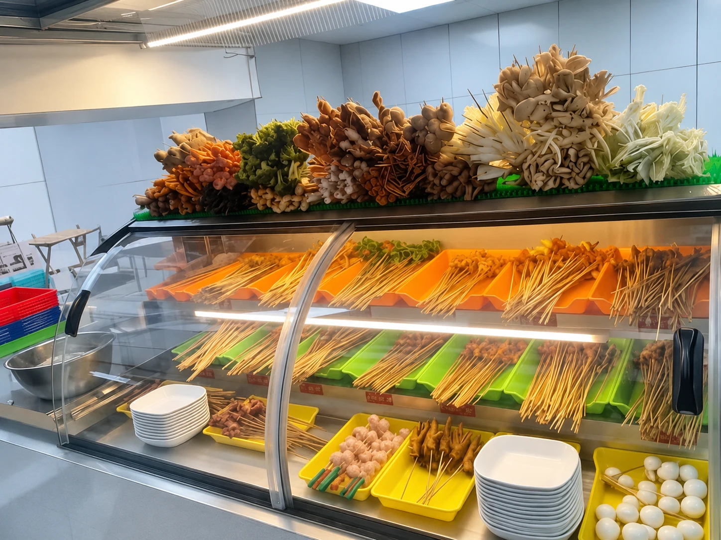 Glass-door refrigerators filled with trays of raw skewered ingredients in a Chengdu eatery