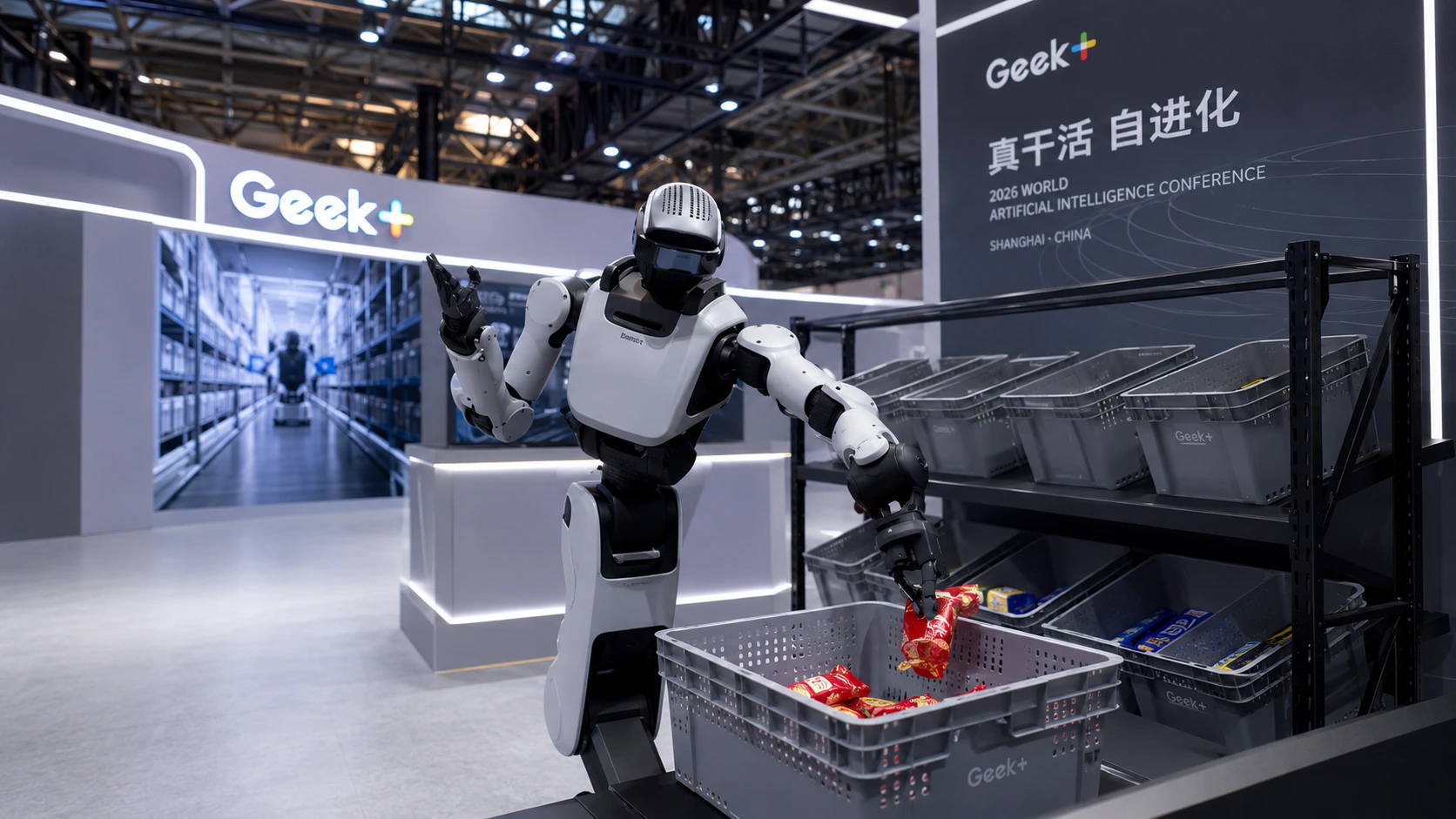 A sorting robot grasps assorted items with its gripper arm
