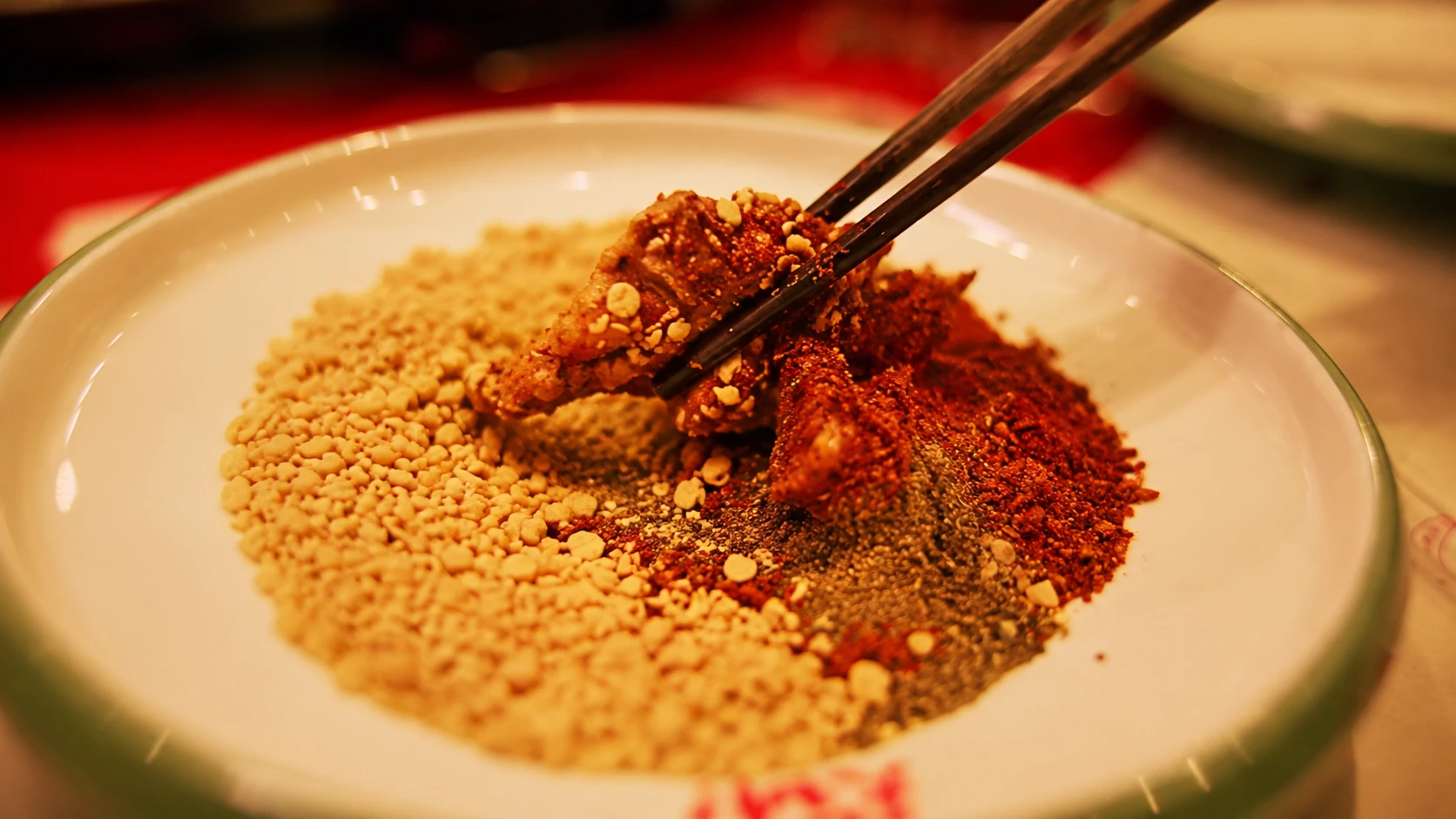 Chili powder mixed with crushed peanuts, classic hot pot dry dip.