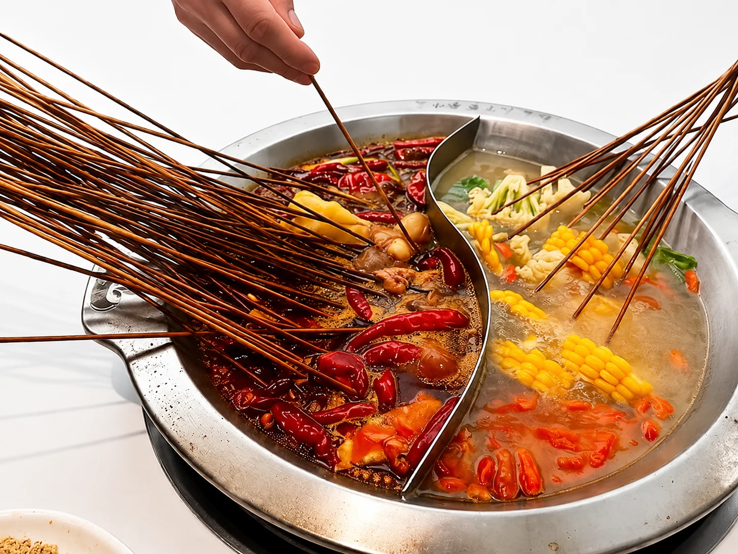 A divided hot pot with a red, oil-flecked spicy broth on one side and clear mild broth on the other