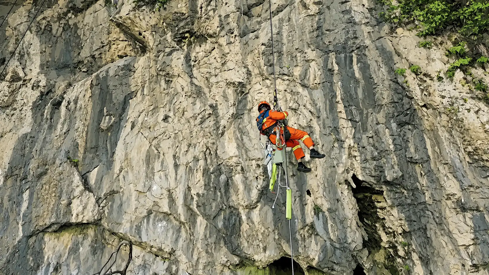 Modern climbers must rappel to reach coffins above