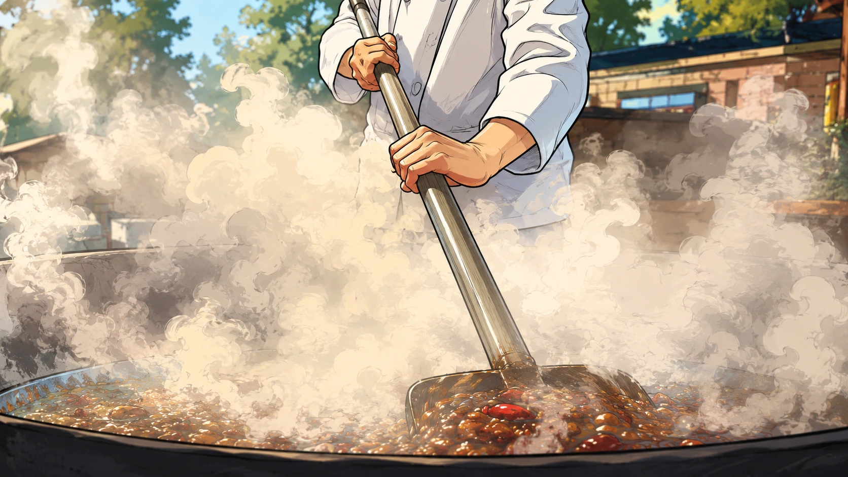 A chef is stir-frying homemade exclusive hot pot base.
