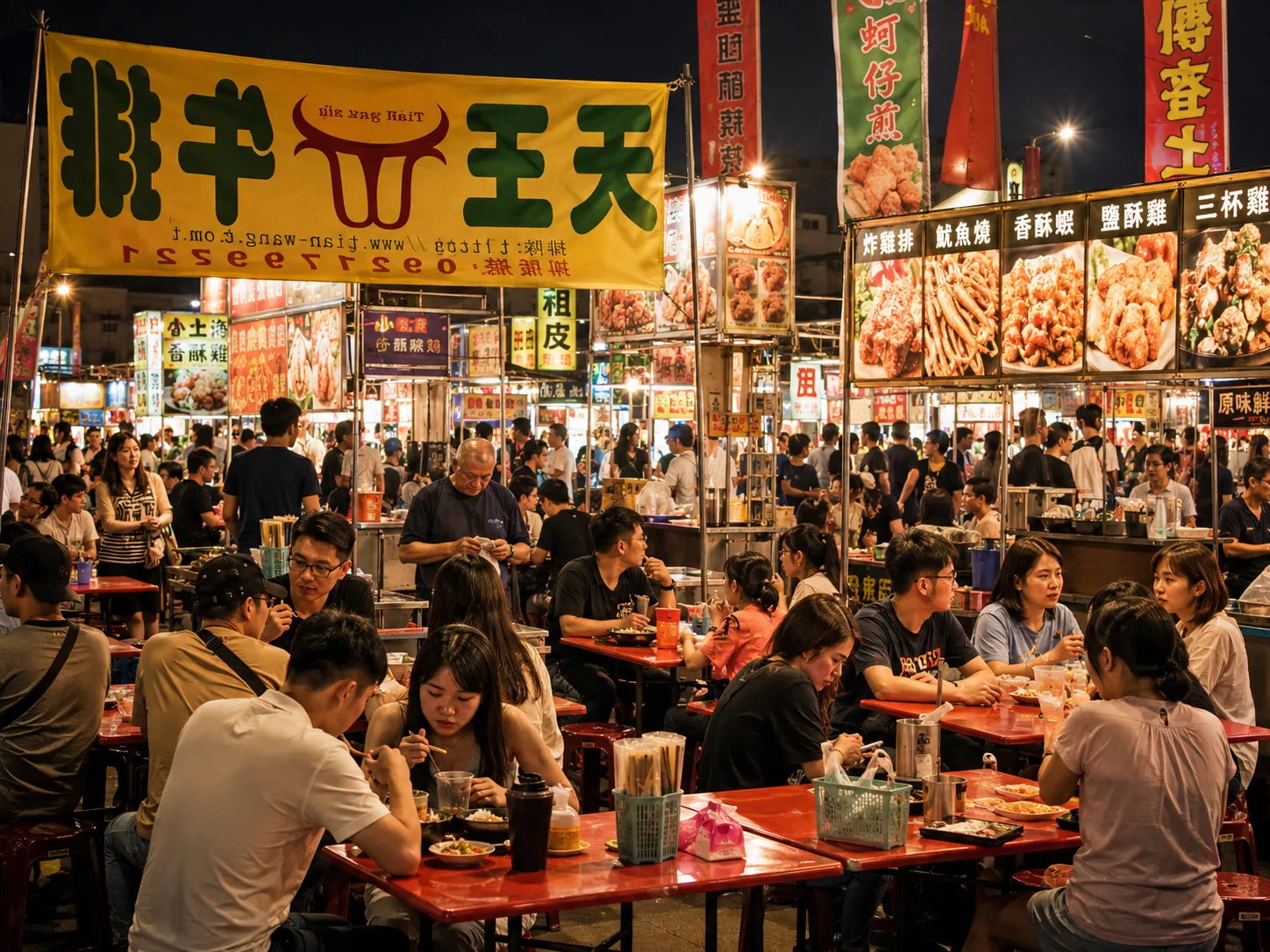 Hundreds of yellow bulbs hang above a crowded Tainan night market alley, steam rising from food stalls into the evening air