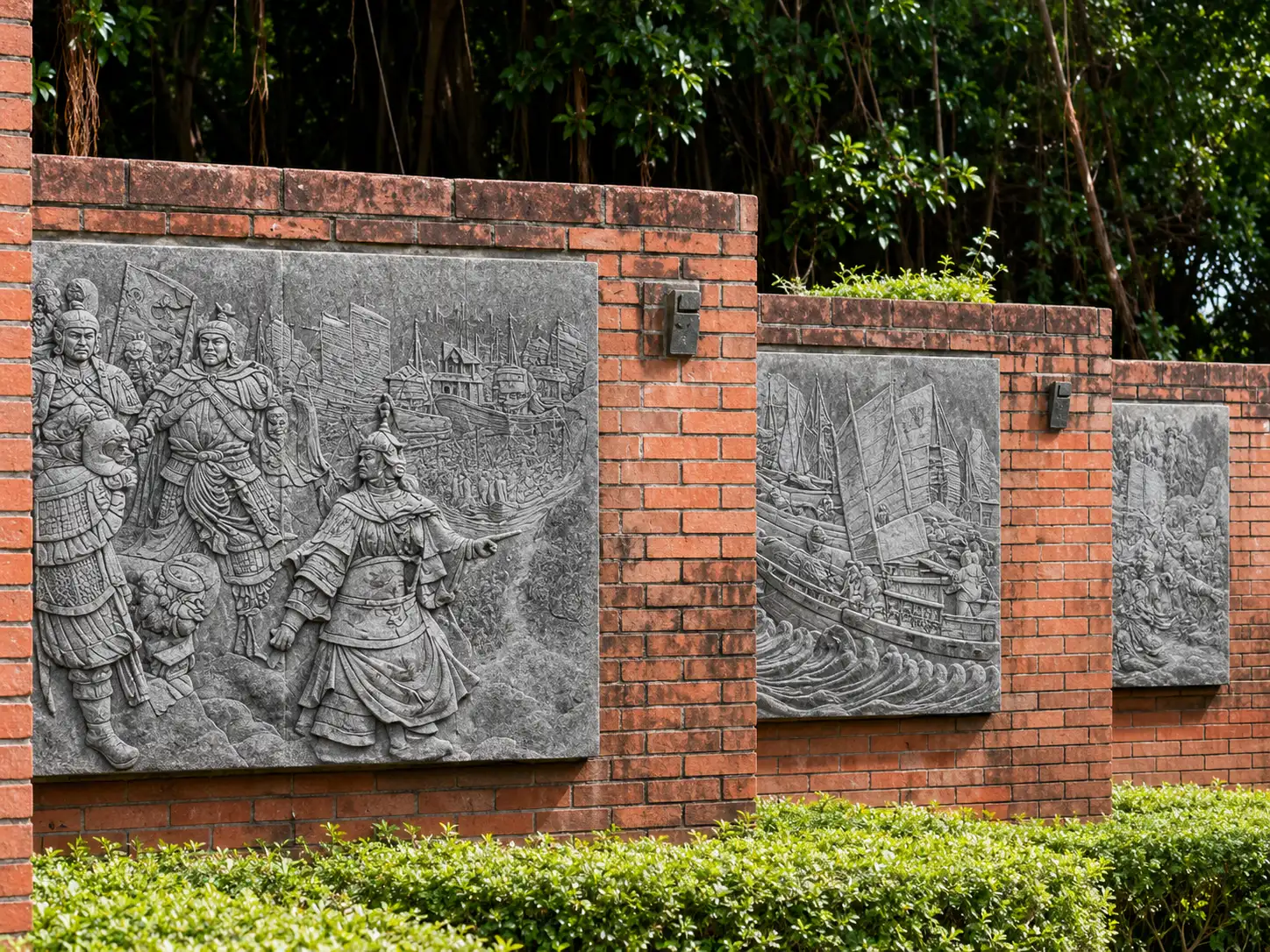 The ten historical relief panels at Anping Fort, carved stone scenes of Taiwan's four centuries lining a curved park path