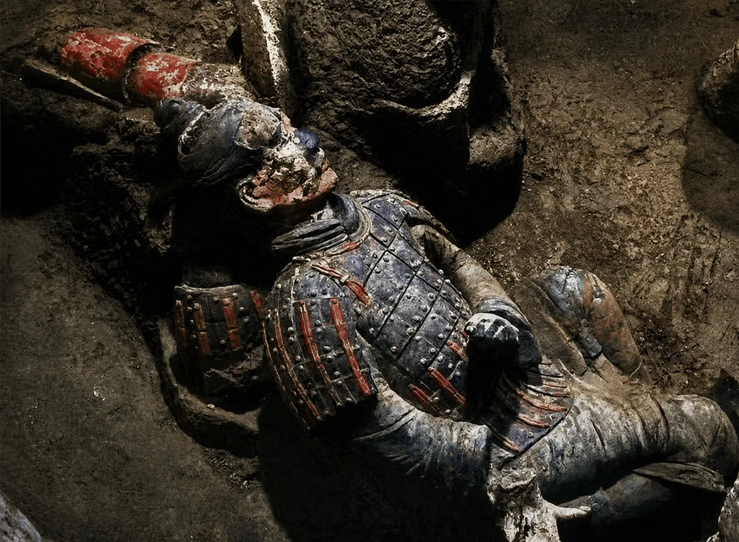 A terracotta warrior shown with traces of original bright pigments still visible on its armor and robe