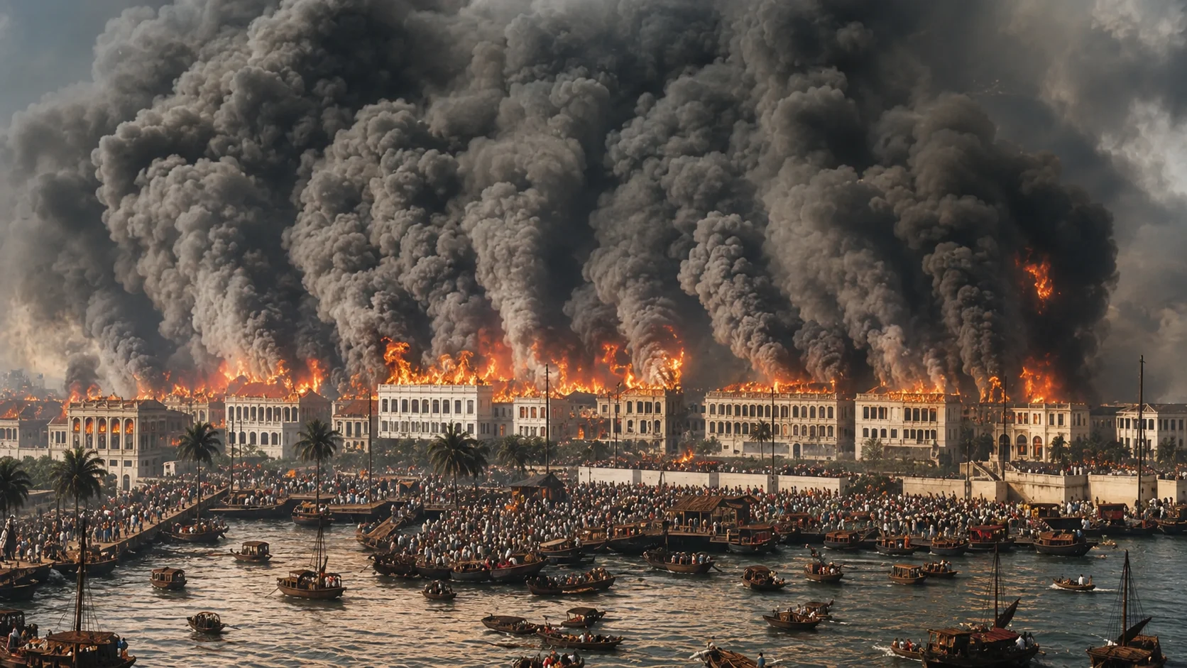 A historical painting of the district engulfed in flames