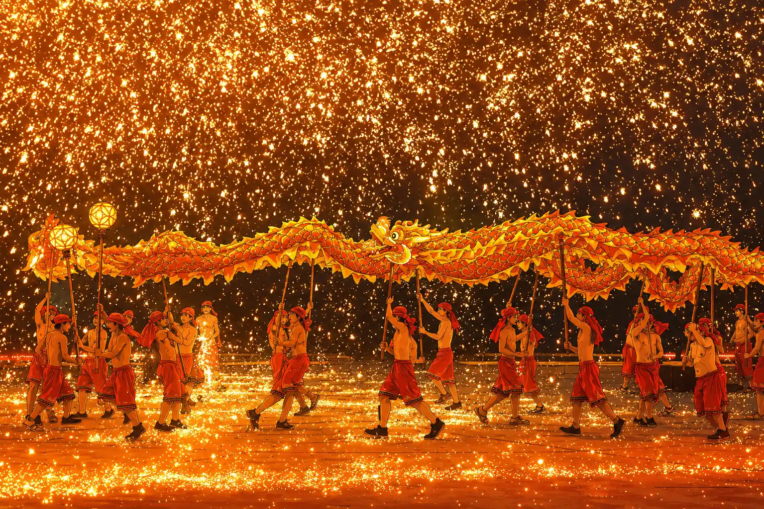 A Tongliang fire dragon dances through the night sky as molten iron explodes into a golden starfall