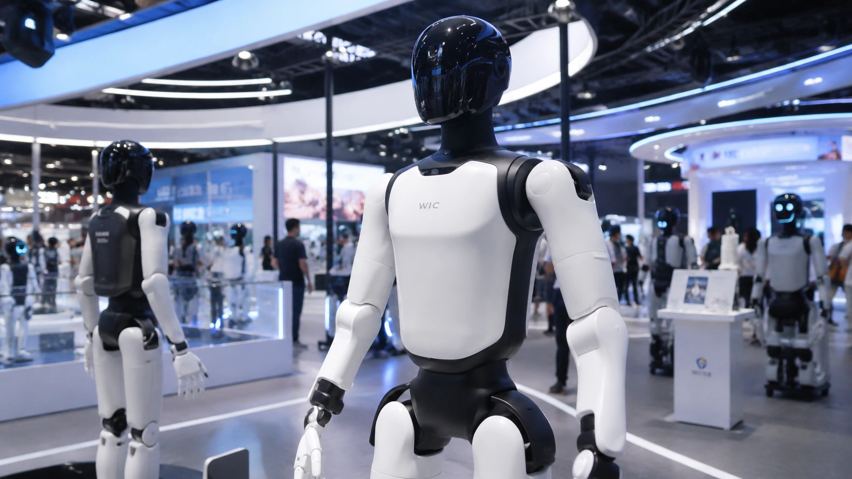 Humanoid robot volunteers preparing to guide visitors at WAIC 2026 in Shanghai