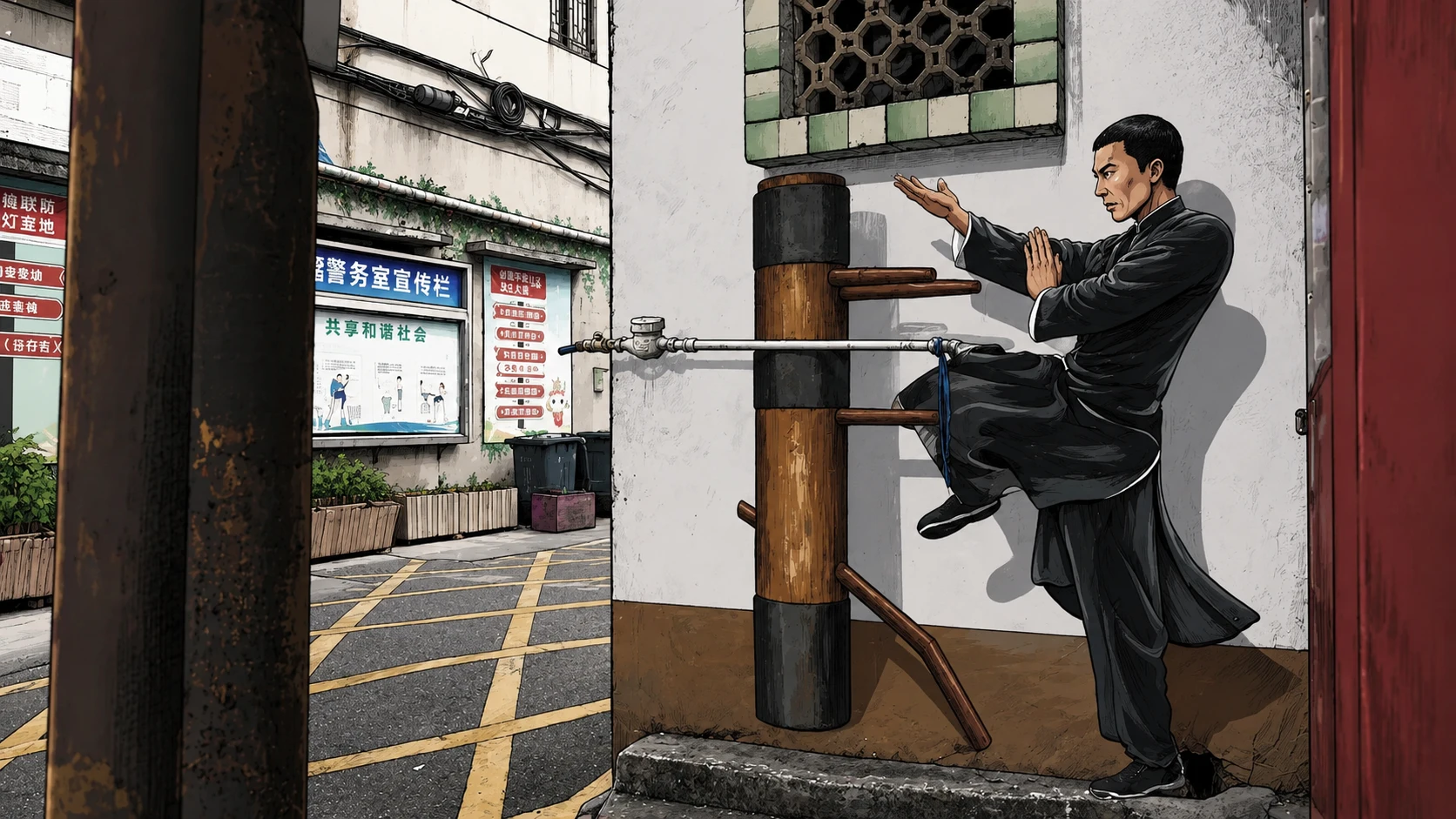 A wall mural of Wing Chun martial arts on a Foshan street
