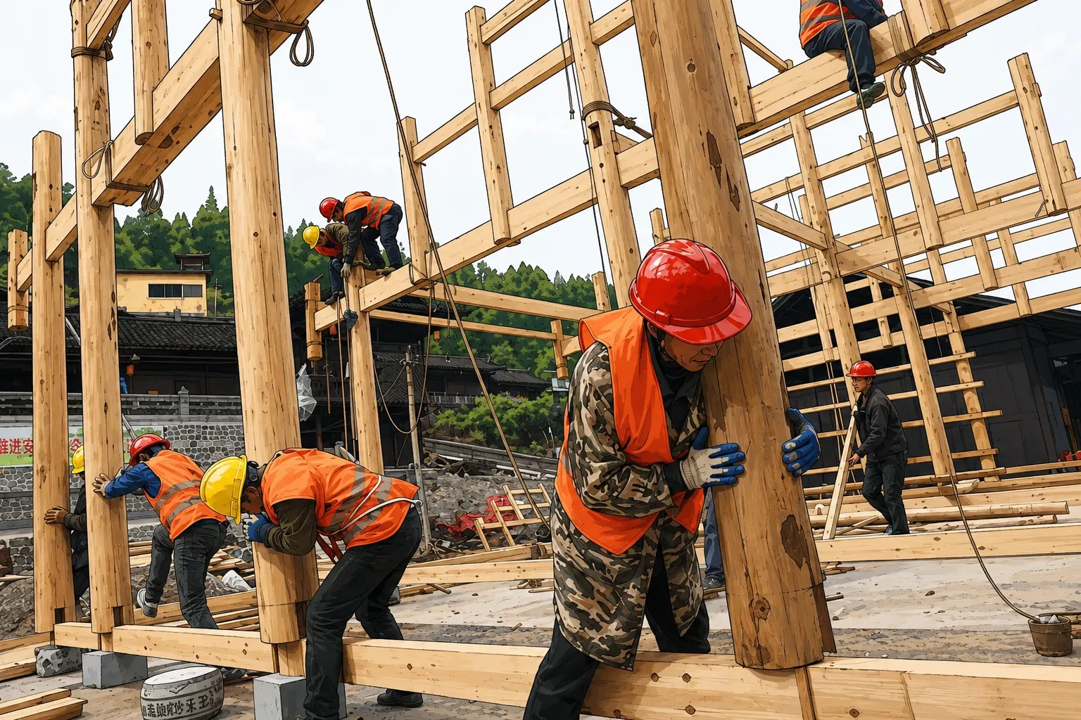 Workers assembling stilt houses