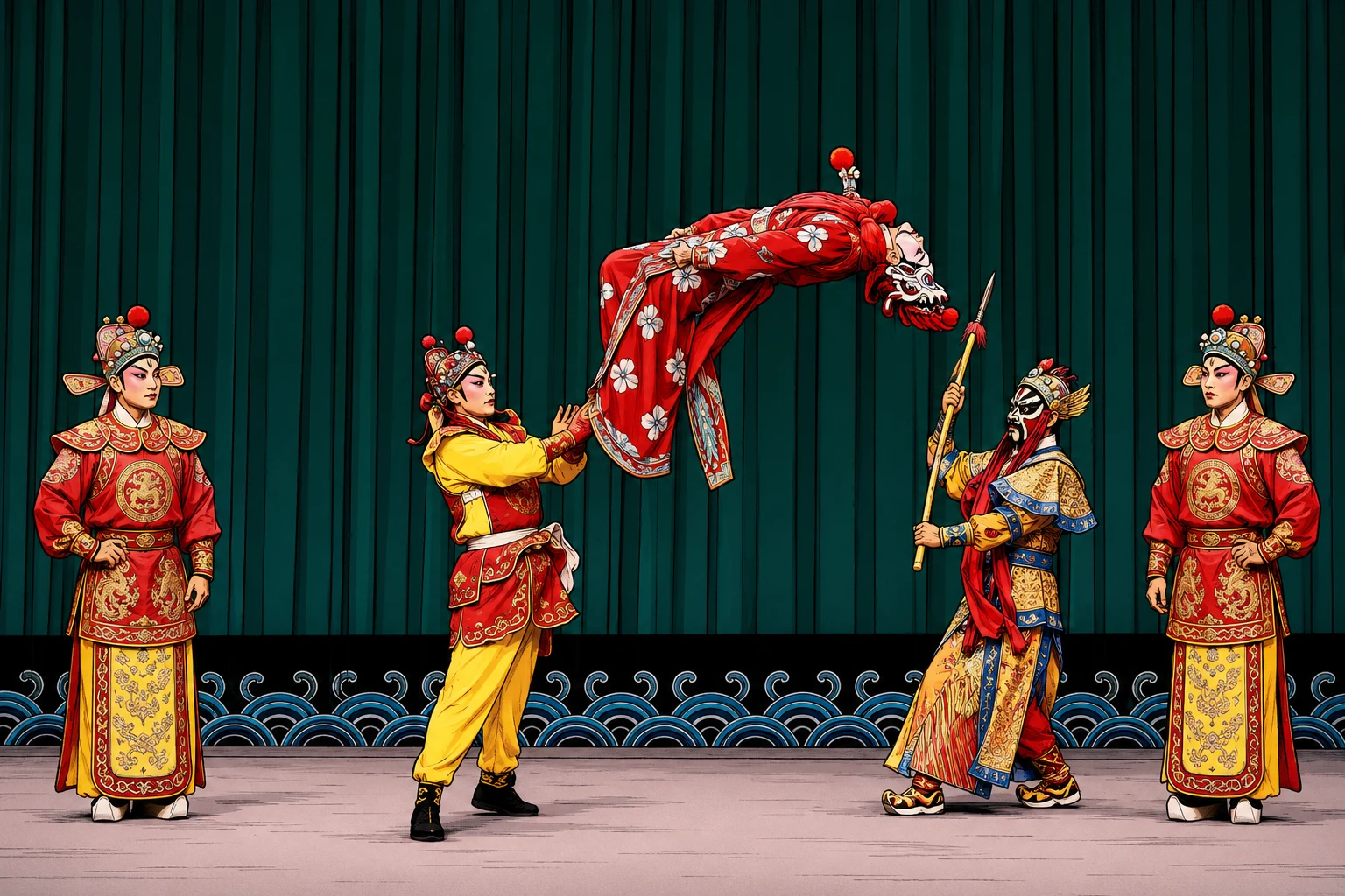 A wudan actress executing a backflip mid-performance in full costume and headdress