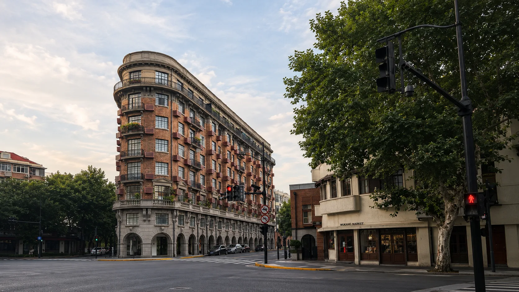 A street with cafes and historic buildings on Shanghai Wukang Road