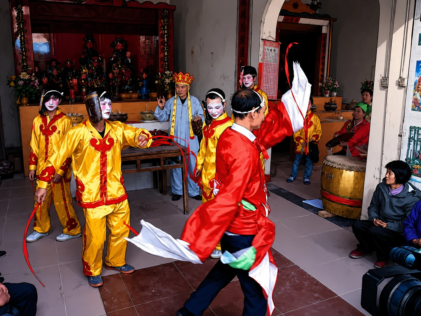 An elderly performer in Shijiao town holding a painted camphor-wood Nuo mask before a village ritual performance