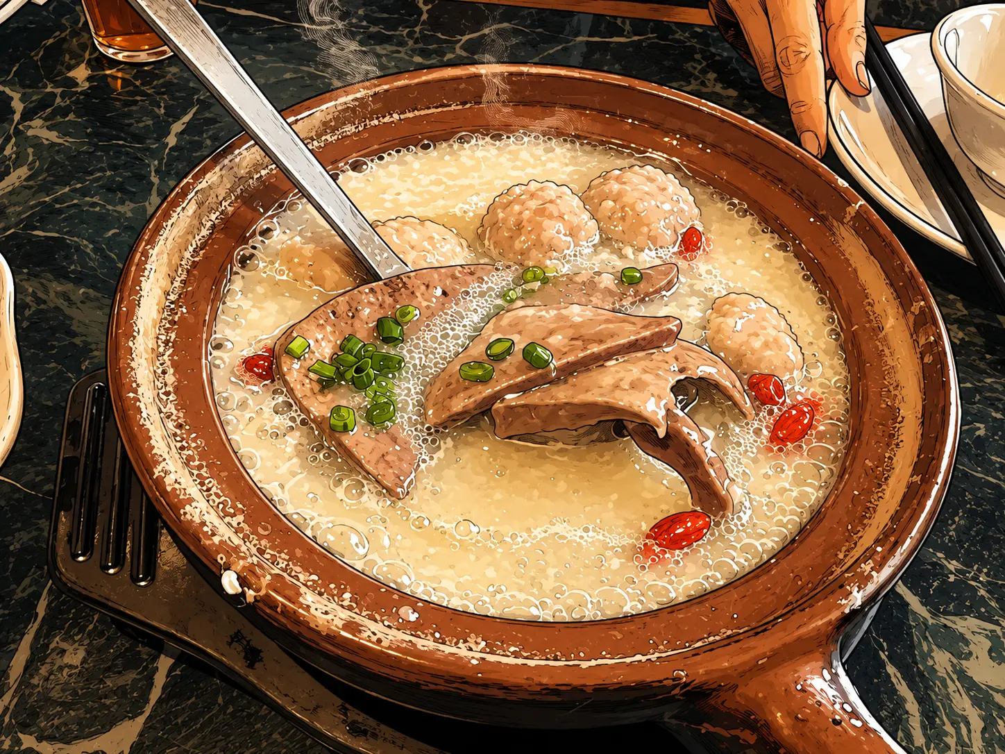 A bowl of zhuangyuan jidi zhou (Top Scholar Congee) served in a traditional Cantonese teahouse