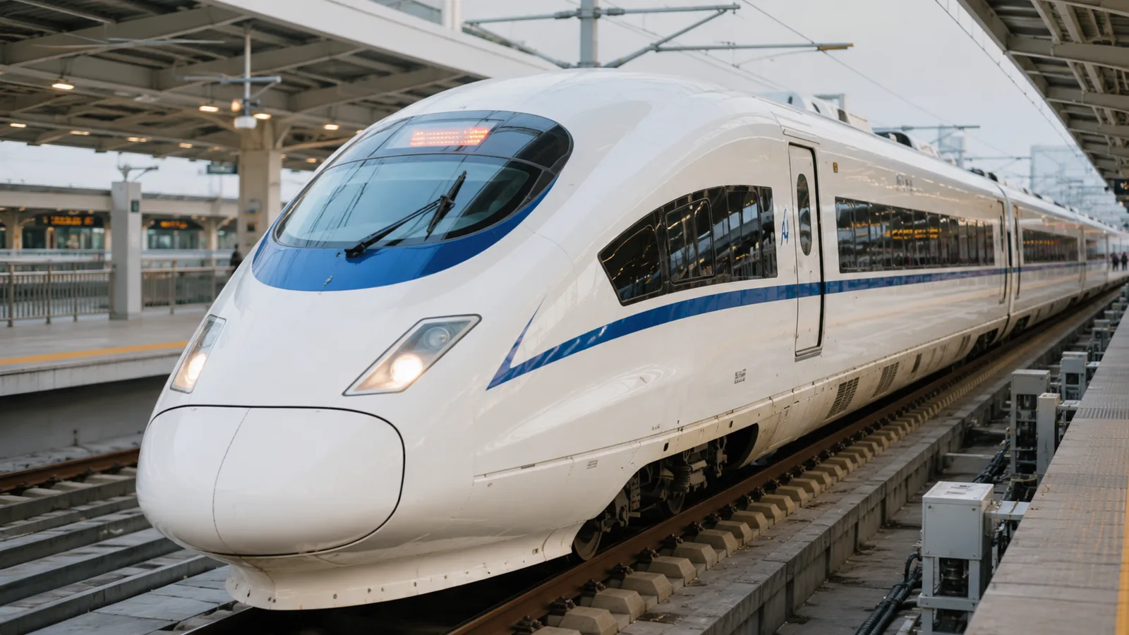 A white and blue China high-speed train waiting at a station